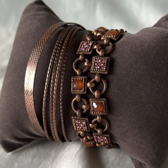 Antique Copper Bracelet Stack Set Unique Design Bangles and Cuff - Picture 1 of 12